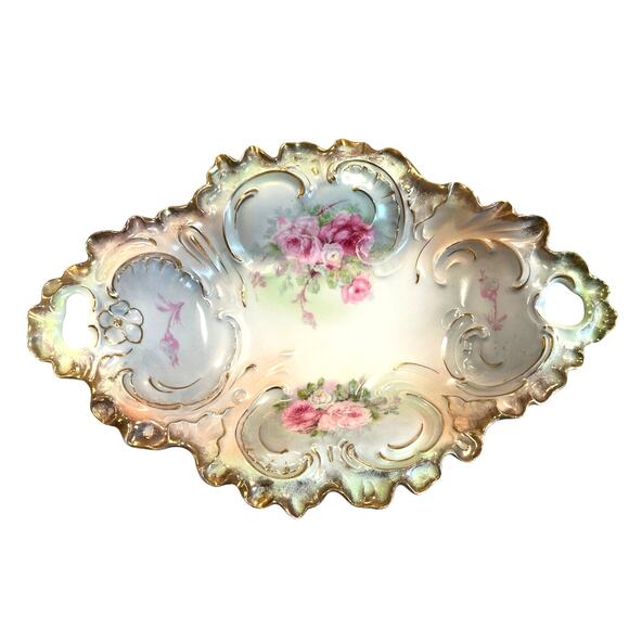 Antique 1875-1909 C T Altwasser Silesia Rose Floral Gilded Oval Centerpiece Bowl - Picture 1 of 10